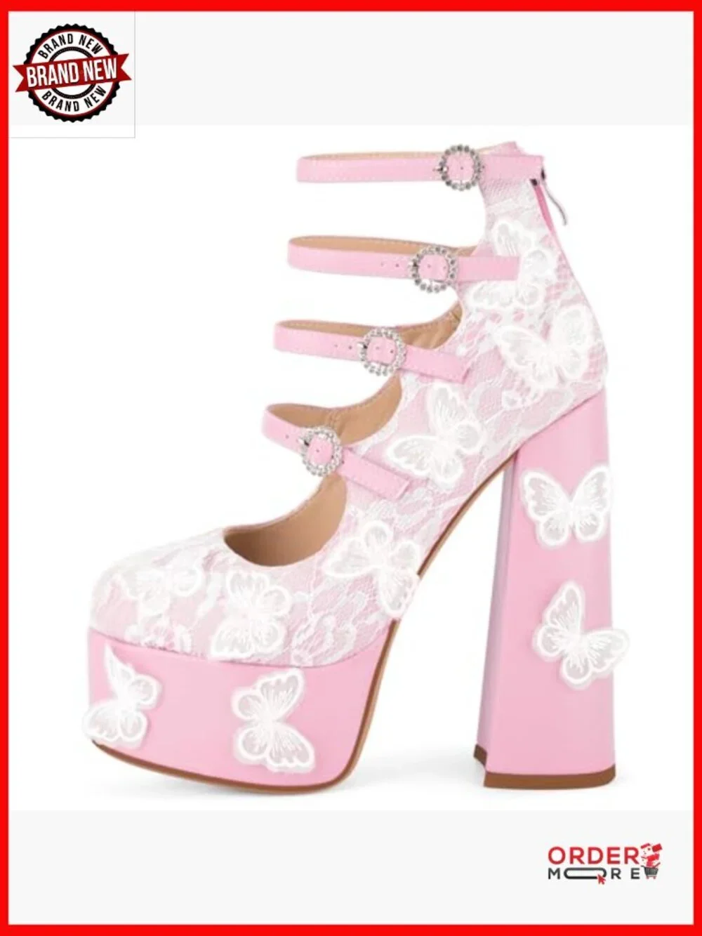 Platform Chunky Heels Lace Butterfly Square Toe Ankle Strap Mary Jane Pumps